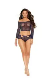 sexy ELEGANT MOMENTS crochet net CROP long SLEEVE off shoulder TOP boyshorts SET