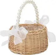 Rattan Flower Basket | Wicker Rattan Flower Basket | Woven Wedding Baskket With Pearl Handle | Fairy Handwoven Easter Rattann Bassket For Wedding Petal, Home Decor, Toys Sundries