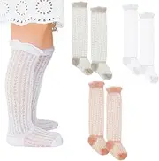 [IYOU] Baby Girls' Knee Socks Summer Long Socks Toddler Long Cotton Ruffle Socks for Spring Summer 1-3T (3 Pairs), White, 1-3 Years