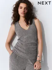 Grey Sleeveless Textured V-Neck Top (W25565) | $49