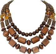 [Coiris] Layer Chunky Wood Beaded Necklace Exaggerated Statement Bead Collar Necklace Bib Necklaces