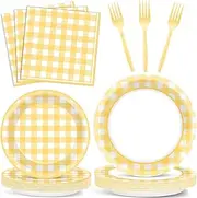 96Pcs Yellow Gingham Party Supplies Yellow Plaid Bachelorette Paper Plates and Napkins Yellow and White Gingham Birthday Party Decorations Tableware Set Plaid Party Favors Baby Shower for 24 Guests