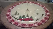 Christmas Tree Skirt, Burlap with Buffalo Check, Rustic Country Red Truck and Bl