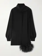 [Valentino Garavani] Valentino Garavani - Feather-trimmed Scarf-detailed Silk Crepe De Chine Blouse - Black - IT42 IT 42 Black