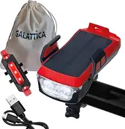 Solar LED Bike Light with Horn, Phone Holder & Power Bank - 6 in 1 USB Rechargeable Front and Back Bicycle Lights - Waterproof LED Set 3 and 4 Modes, Easy to Install, Fits All Bicycles and Scooters…