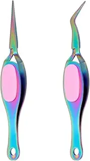 2 Pcs Craft Tweezers, Precision Reverse Crafting Tweezer, Stainless Steel Soft-grip Crossing Lock Tweezers with Curved Straight Tip for DIY Craft Jewelry Eyelash Extensions (Style1, One size)