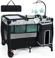 BABY JOY Portable Baby Bassinets, 3-in-1 Foldable Baby Portacot w/Changing Table, Music Box, Hanging Toys, Lockable Wheels & Carry Bag, Folding Travel Cot for Infant Toddler (Black)