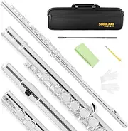 SONICAKE C Flute Closed Grip Holes 16 Flaps Flute for Beginners & Students Silver Plated with Hard Case Cleaning Kit Gloves Tuning Rod QFL-11