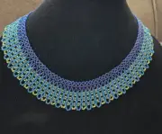 Handcrafted Glass Seed Bead Woven Collar Necklace 16” Blue Turquoise Lime