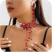 [Gkaopi] Gothic Vintage Witch Vampire Jewellry Set for Women Blood Droplets Multi Layered Pearl Necklace Long Tassel Earrings Gothic Choker Vampire Costume Halloween Party Prom Costume