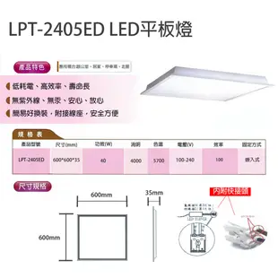 【東亞】LED 40W 2尺X2尺 白光/黃光/自然光 全電壓 LED 崁入式直下平板燈 輕鋼架燈具 (4.2折)