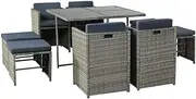 Gardeon Outdoor Dining Set 9pcs Rattan Wicker Lounge Setting Table and Chairs, Patio Conversation Sets Furniture Garden Backyard, Weather-Resistant Cushions Storage Cover Grey with Ottoman