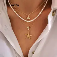 在飛比找蝦皮商城優惠-Lovito 女士休閒純珍珠星形十字架海星項鍊 L57AD0