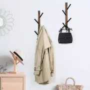 Wall Mounted Brown Wood & Black Metal Coat Tree Hook, Vertical Hat Rack, 2 Piece