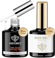 Modelones Gel Nail Glue and Top Coat 15ml 4 in 1 Nail Glue Base Coat Nail Glue Kit 2Pcs for Gel Nail Polish No Wipe Top Coat High Gloss, Rhinestone Glue False Nails, Blooming Nail Art Gel