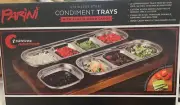 Parini Stainless Steel Condiment Trays with Acacia Wood Caddy NEW in Box