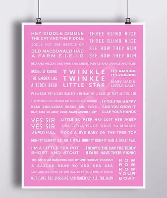 Nursery Rhymes - Pink Print A4 - Girl, Newborns, Baby Shower Gift