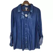 New Chicos Embellished Chambray Button Front Tunic Shirt Blue Size (3) 16