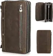 [CONTACTS] Mens Genuine Leather Travel Clutch with Wrist Strap,Zipper Passport Wallet with Zip Pocket, Large Capacity Phone Clutch Hand Bag for Men Vintage