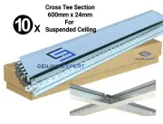 10x Silver Brush Cross Tee Section 600mm x 24mm Suspended Ceiling Grid System