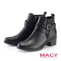 在飛比找momo購物網優惠-【MAGY】打蠟雙色牛皮粗跟短靴(黑色)