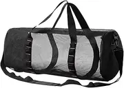 [Songholee] Mesh Gear Diving Bag - Cylindrical Beach Backpack for Surfing, Swimming, Scuba Equipment - Foldable Nylon Net Travel Pack for Sports, Gym (Black)