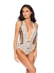 Escante Cascading Pearl Crotchless Lace Teddy Ivory Black