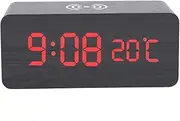 Haofy Wooden LED Digital Desktop Alarm Clock, Voice Control Temperature Charge Alarm Clock, LED with Temperature Display Wireless Charger for Phone (Black red Letters)