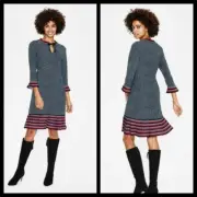 Boden Women Petite Lara Polka Dot Pleat Navy Red Long Sleeve Dress Size 6P