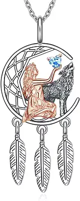 Wolf and Girl Dreamcatcher Necklace 925 Sterling Silver Love Pendant Gifts Women