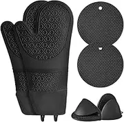AUTOWT 6 Pack Oven Mitts Pot Holders Set, Extra Long Cooking Gloves 450°F Heat Resistant Silicone Surface with 2 Pinch Mitts & Trivet Mats Kitchen Non-Slip Gloves for Safe Use Kitchen Baking (Black)