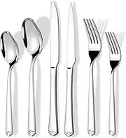 24 Piece Silverware Set with Steak Knives for 4, Prendcyx Stainless Steel Flatware Set, Food-Grade Tableware Cutlery Set includes Forks Spoons Knives, Mirror Polished, Dishwasher Safe