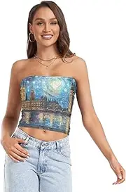 [RPLIFE] Starry Night London Coastal Summer Tops, Strapless Tube Tops for Women, Mesh Tube Tops, Trendy Crop Tops (S)
