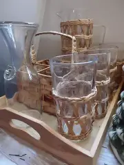 New Drink Serving Set Bamboo Wicker. Serving Tray, Glass Holder, Milk Jug, Cups