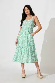 Pavarti Midi Sundress Spaghetti Strap in Mint Green Floral Linen Blend 8