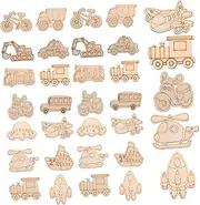 TEHAUX 50pcs Unfinished Wood Cutouts for DIY Crafts Vehicle Shape Wood Slices Safe Smooth Wooden Ornaments for Painting Decoration Projects Mixed Styles