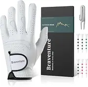 Braventure Golf Gloves Men: Breathable Sheepskin Leather with Good Grip for Right Handed Golfer for Hot and Humid Weather Include Golf Tees & Divot Tool