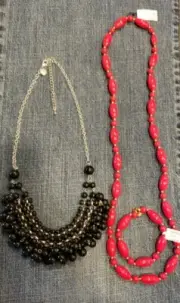 2 VINTAGE LUCITE NECKLACES, BRACELET LOT, RED/BLACK, JENNIFER MOORE NWT