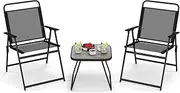 Costway 3 Piece Patio Folding Conversation Set, 2 Folding Chairs w/Coffee Table, Breathable Fabric & Heavy-Duty Metal Frame, Outdoor Portable Folding Chair Set for Backyard, Poolside, Balcony