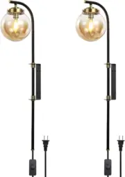Black Wall Sconces Set of 2 with Globe Shade, Modern Indoor Plug in Wall Lamps w