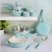 Spice Tia Mowry Aqua 16 pc Set cookware pots pans Nonstick Ceramic steamer New