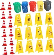 Kisangel 37pcs Educational Traffic for Road Sign Model with Traffic Cones Barriers and Bins for Early Learning and Cognition Development