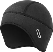 [BelleVive] Winter Helmet Inner Hat, Skull Cap, Fleece Lined Warm Cycling Hat with Glasses Holes, Thermal Beanie for Men and Women, Windproof, Black, L