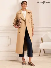 Love & Roses Camel Petite Shower Resistant Belted Double Breasted Trench Coat (AM0084) | $208
