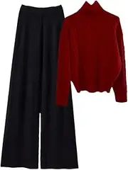 [Generic] Women Suits Warm 2 Pieces Sets Turtleneck Twist Pullover Sweater+Knitting Wide Leg Long Pants Sets