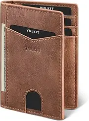 [VULKIT] Bifold Front Pocket Slim Wallet RFID Blocking Minimalist Thin Leather Credit Card Holder Wallet for Men and Women Brown