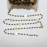 Black Spinel 3mm Disc Coin Rosary Chain, 24K Gold Plated, Faceted Gemstone Beads
