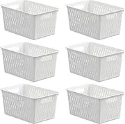 LISNSMY 6-Pack Plastic Storage Baskets Set of Stackable Plastic Baskets Sturdy Storage Containers with Handle for Shelves Drawers Desktop Closet Classroom Office