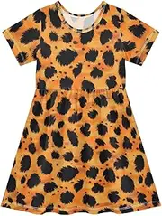 [WOIWB] Girls' Short-Sleeve Dress, Orange Leopard Print Summer Dresses, Casual Sundress for Kids 2T, Multicolor, 7-8 Years