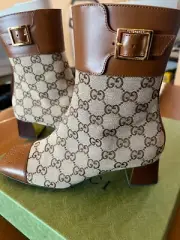 Gucci Short Boots Chunky Heel GG Logo Square Toe Side Zip Leather Canvas